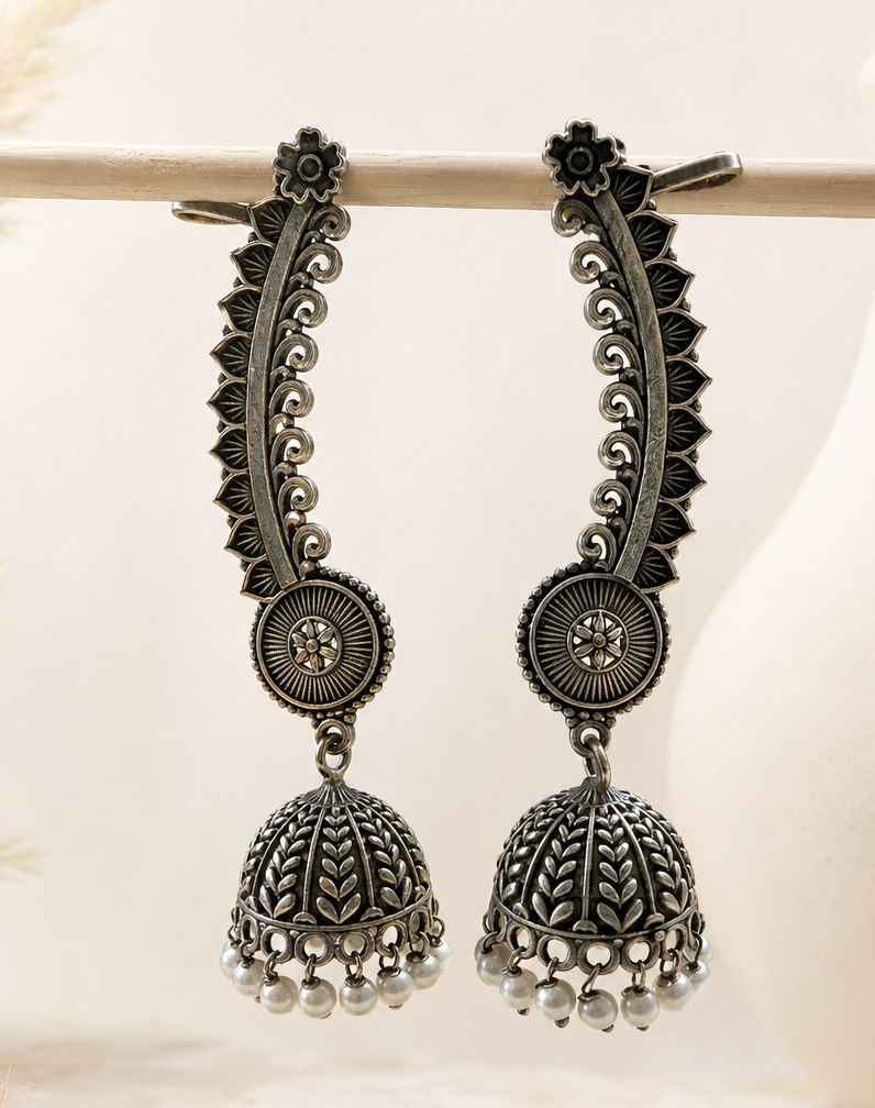 Oxidised jhumka with ear cuff