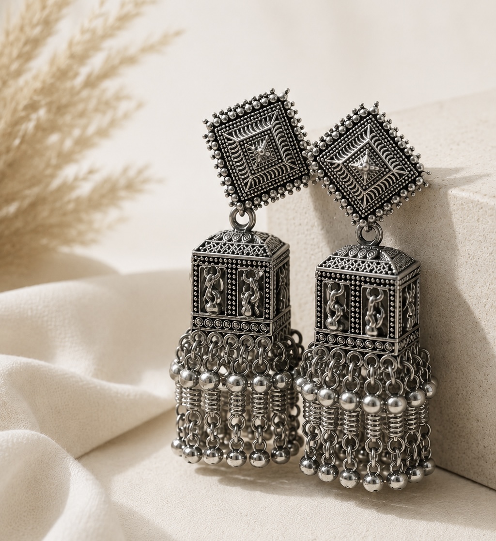 Oxidised long drop earrings
