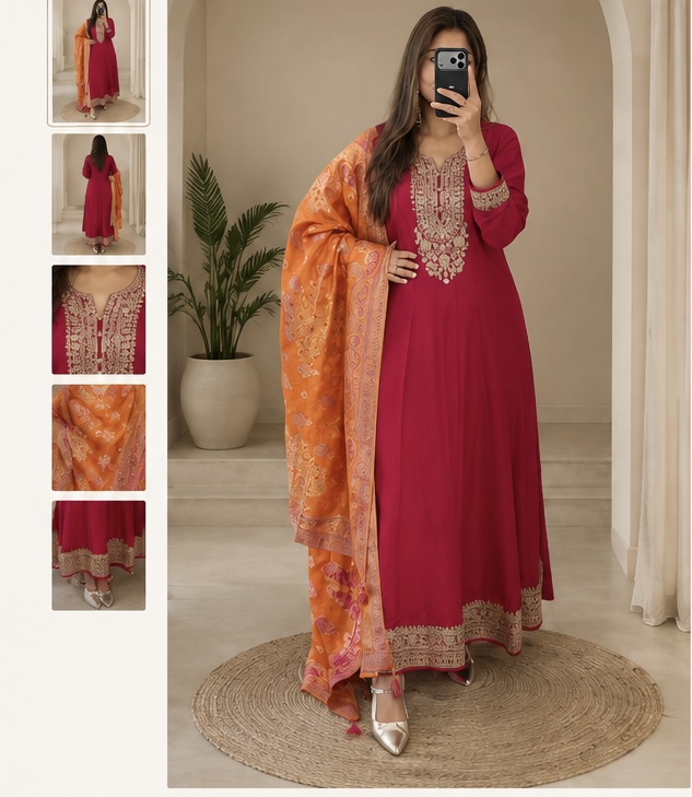 ZETHRA Rani pink Anarkali with radiant orange dupatta 
