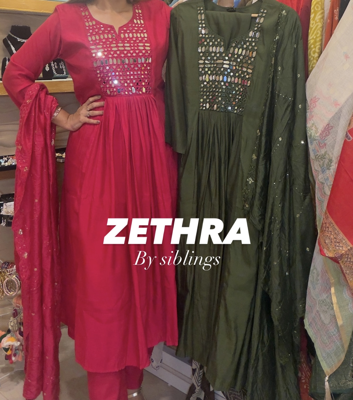 ZETHRA Mul chanderi mirror work 3pcs set 